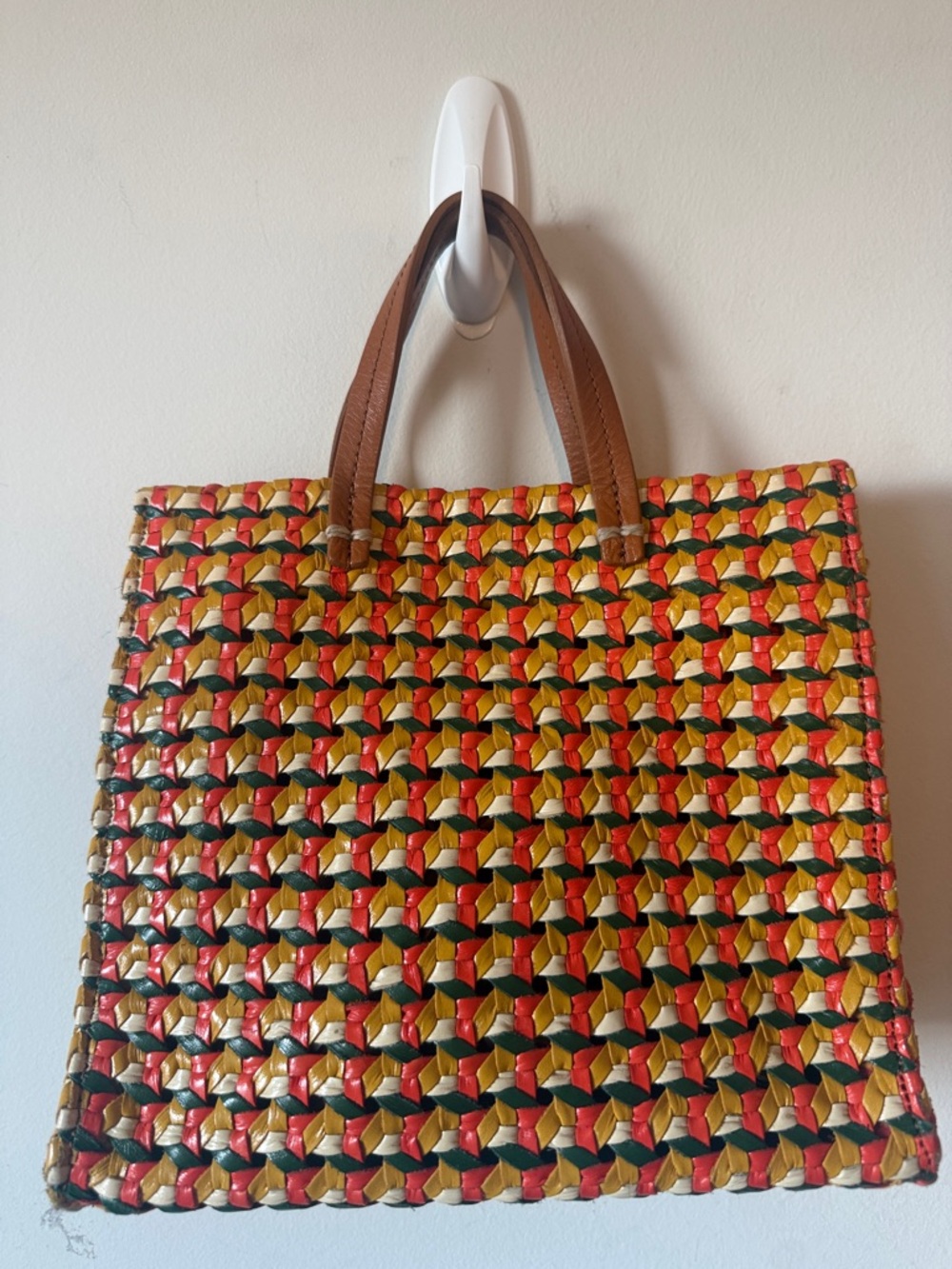 Clare V Multicolor Woven Tote in Red, Yellow & Green with Brown Handles - Picture 12 of 13